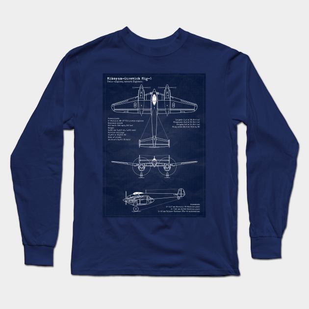 Mikoyan-Gurevich Mig5 URSS Blueprint Long Sleeve T-Shirt by Aircraft.Lover